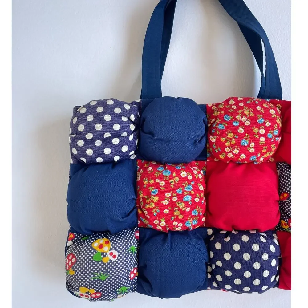 Vtg 70s Patchwork Cottagecore Bubble Bag Purse / Mushroom Polkadot Floral Unique